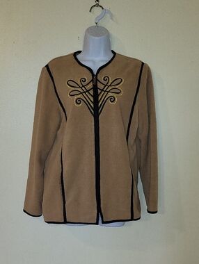 Bob Mackie Tan Fleece Jacket with Black Trim and Gold Embroidery